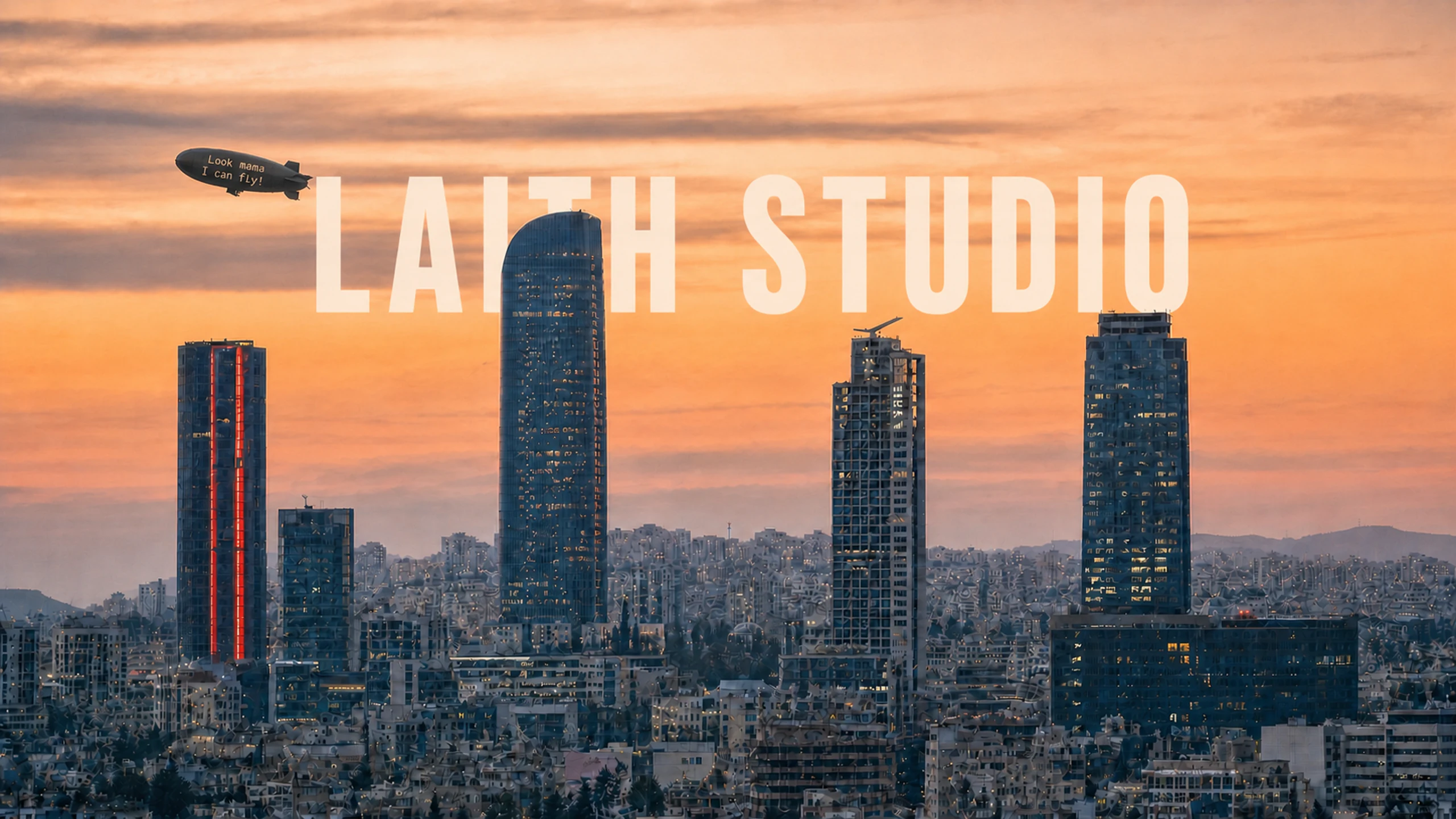 Amman skyline at sunset with Laith Studio lettering and an airship